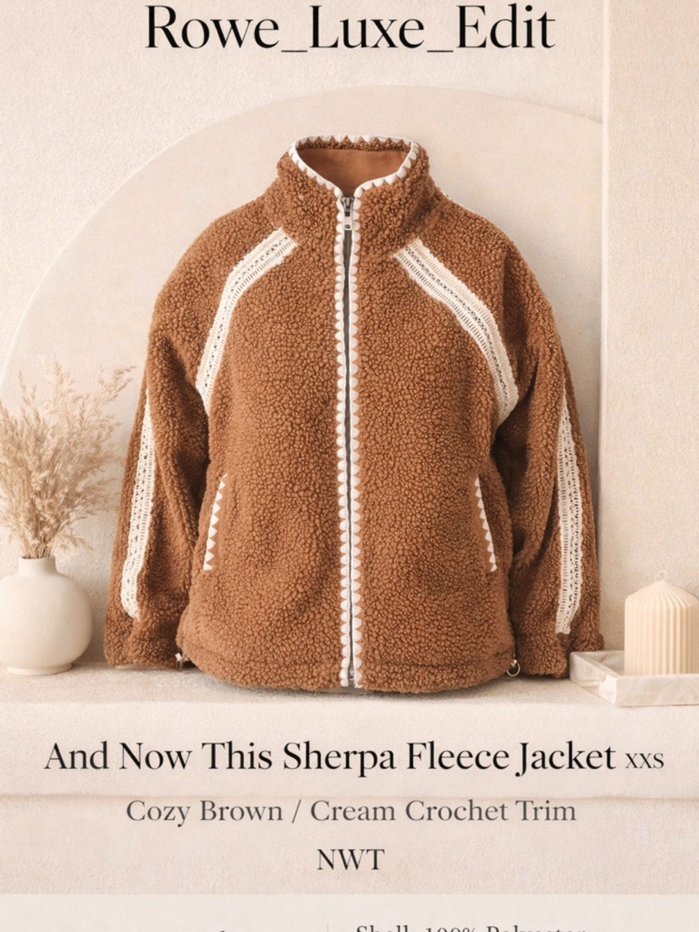 And Now This Sherpa Jacket Brown Cream Crochet Trim Cozy Fleece Zip NWT - Picture 2 of 11